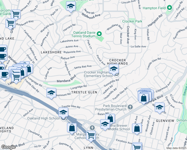 map of restaurants, bars, coffee shops, grocery stores, and more near 725 Carlston Avenue in Oakland