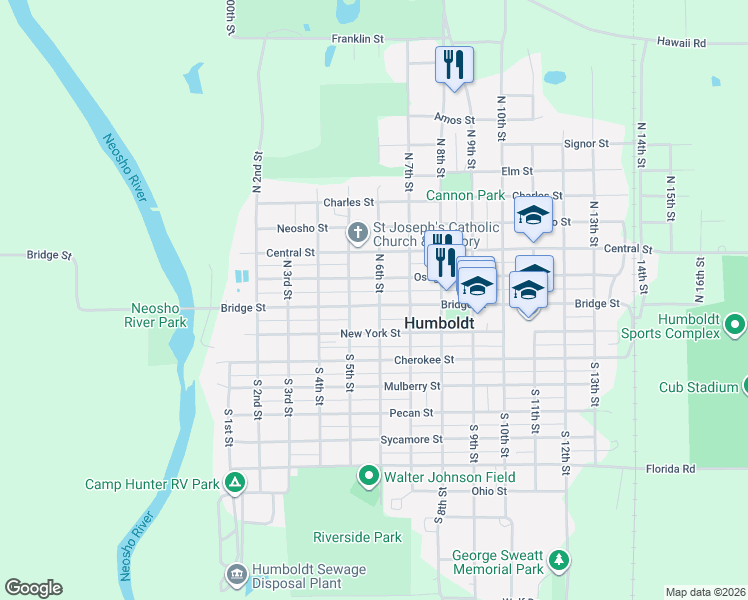 map of restaurants, bars, coffee shops, grocery stores, and more near 524 Bridge Street in Humboldt