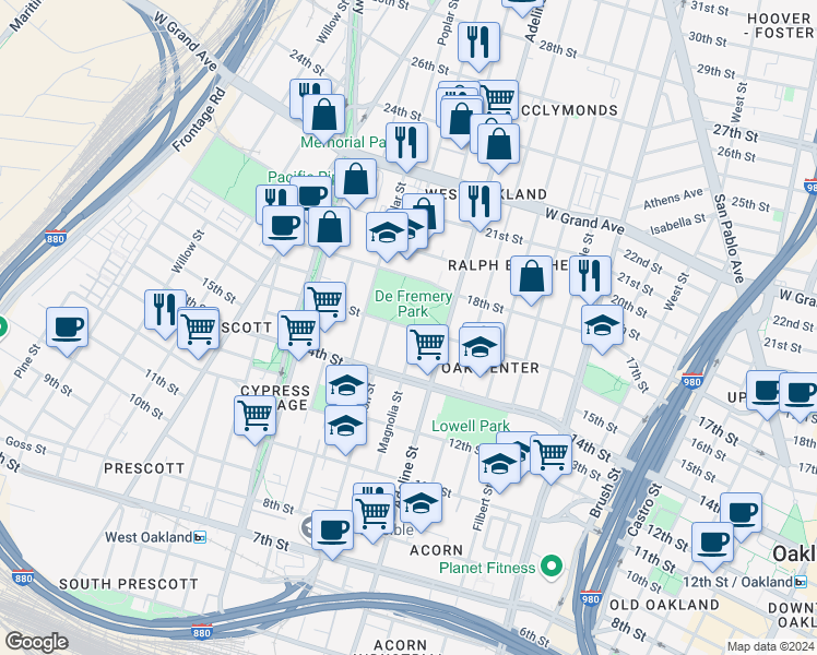 map of restaurants, bars, coffee shops, grocery stores, and more near 1214 16th Street in Oakland
