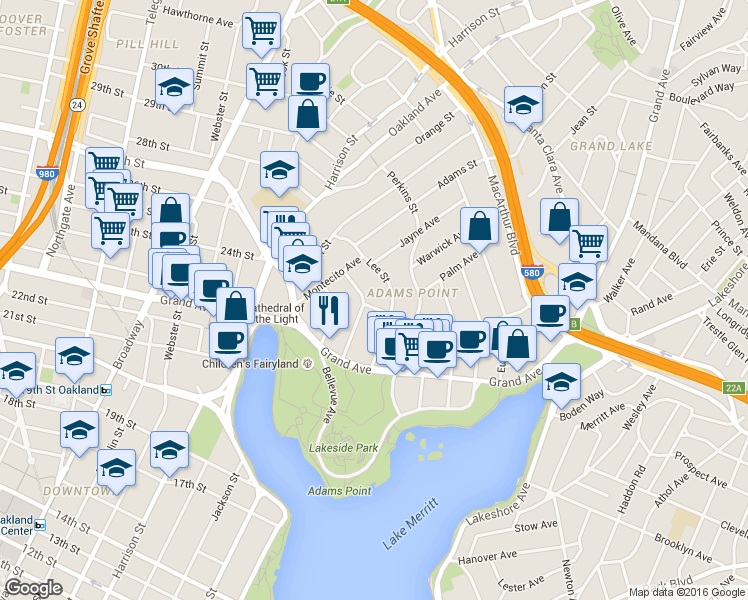 map of restaurants, bars, coffee shops, grocery stores, and more near 280 Lenox Avenue in Oakland