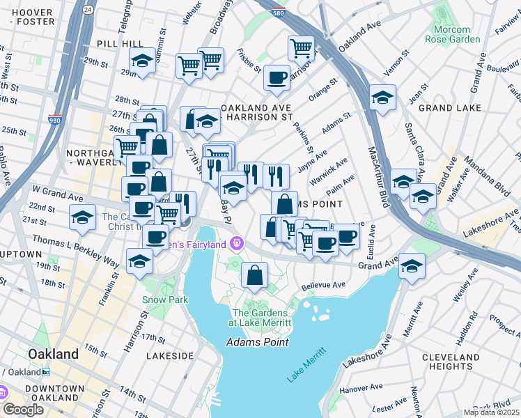 map of restaurants, bars, coffee shops, grocery stores, and more near 168 Montecito Avenue in Oakland
