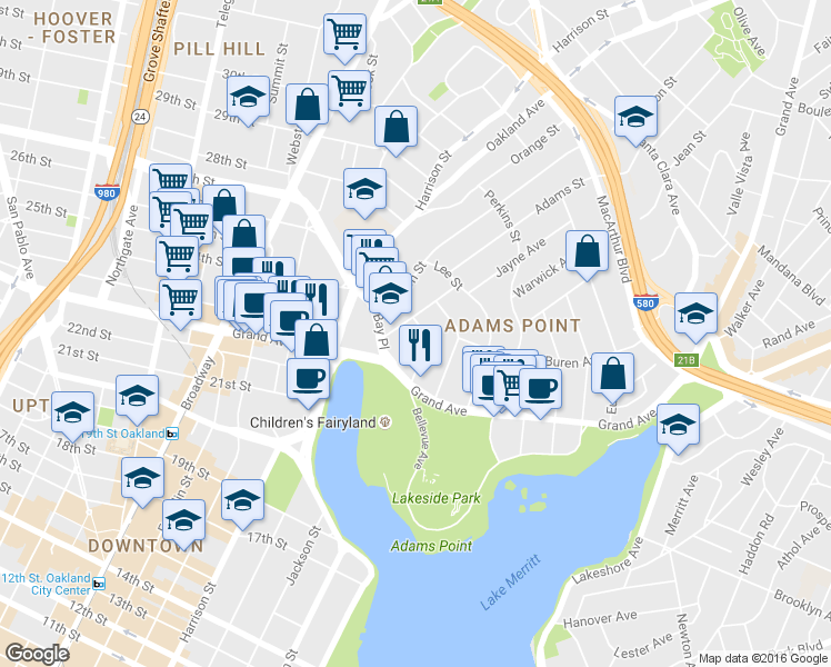 map of restaurants, bars, coffee shops, grocery stores, and more near 168 Montecito Avenue in Oakland