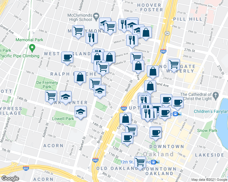 map of restaurants, bars, coffee shops, grocery stores, and more near 2017 West Street in Oakland