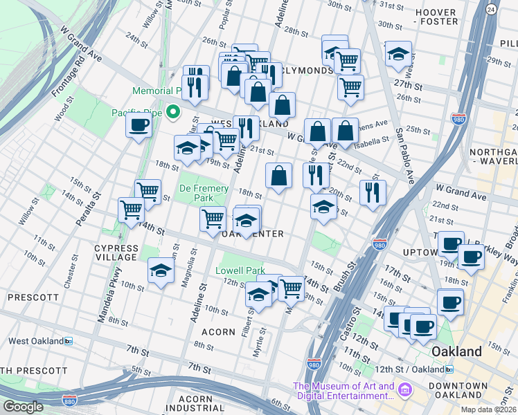 map of restaurants, bars, coffee shops, grocery stores, and more near 1801 Linden Street in Oakland