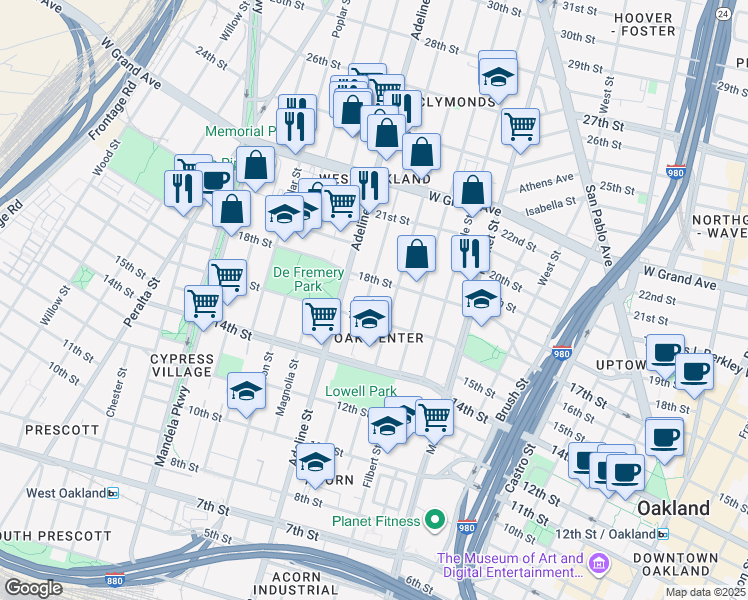 map of restaurants, bars, coffee shops, grocery stores, and more near 1727 Chestnut Street in Oakland