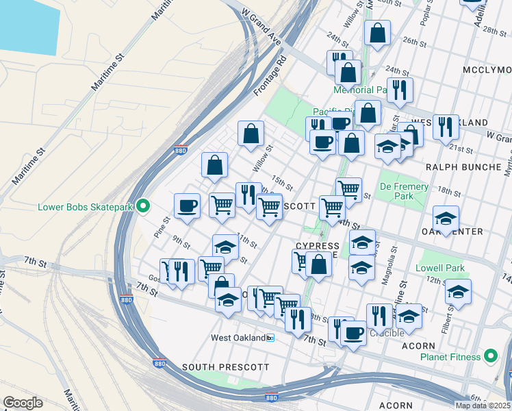 map of restaurants, bars, coffee shops, grocery stores, and more near 1365 Willow Street in Oakland