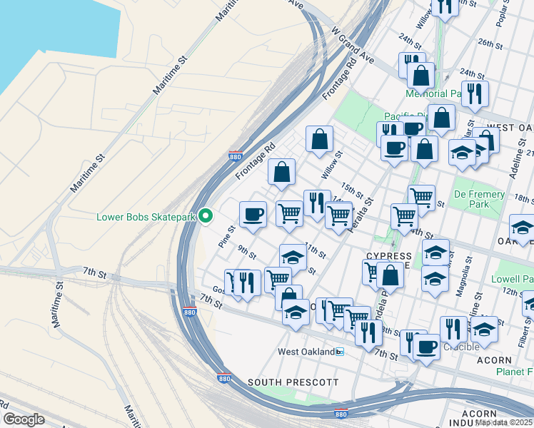 map of restaurants, bars, coffee shops, grocery stores, and more near in Oakland