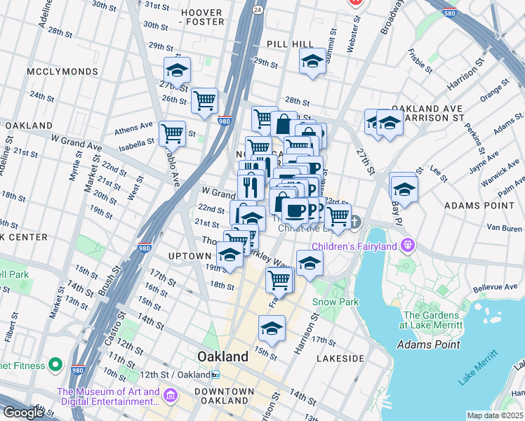map of restaurants, bars, coffee shops, grocery stores, and more near in Oakland