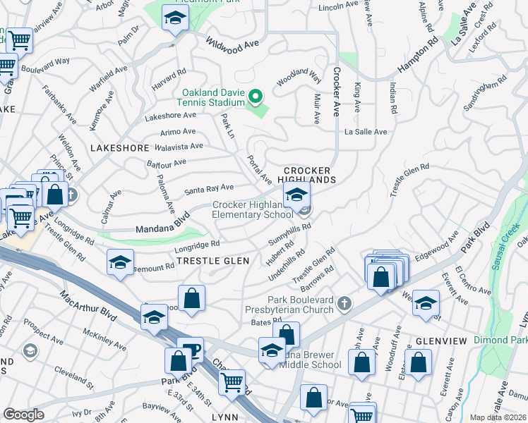 map of restaurants, bars, coffee shops, grocery stores, and more near 18 Mandana Circle in Oakland