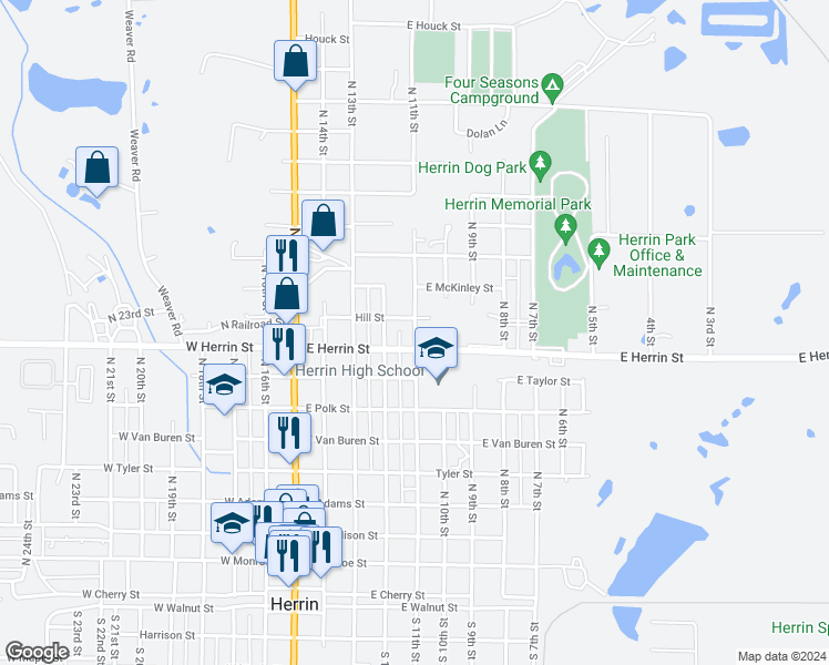 map of restaurants, bars, coffee shops, grocery stores, and more near 913 North 11th Street in Herrin