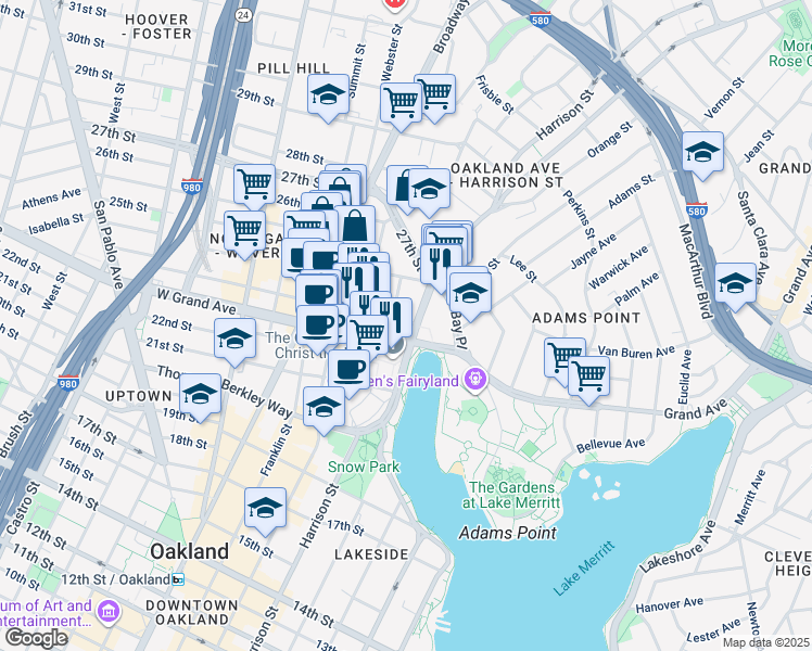 map of restaurants, bars, coffee shops, grocery stores, and more near 2333 Harrison Street in Oakland