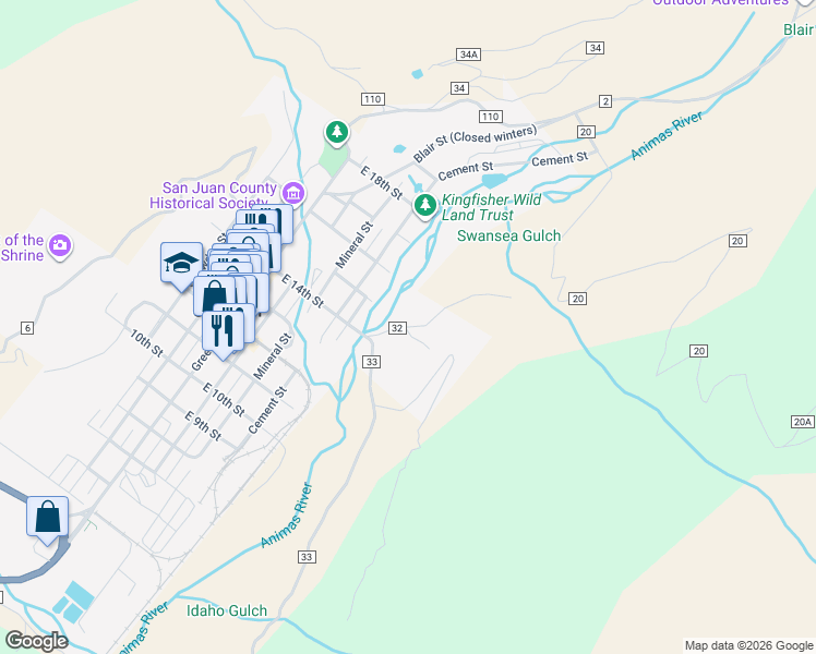 map of restaurants, bars, coffee shops, grocery stores, and more near County Road 32 in Silverton