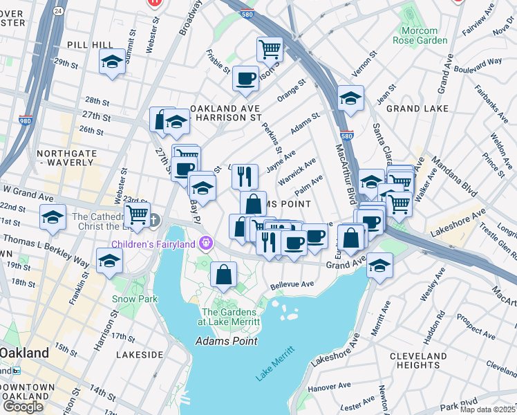 map of restaurants, bars, coffee shops, grocery stores, and more near 307 Lee Street in Oakland