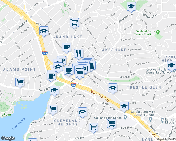 map of restaurants, bars, coffee shops, grocery stores, and more near 3419 Lakeshore Avenue in Oakland