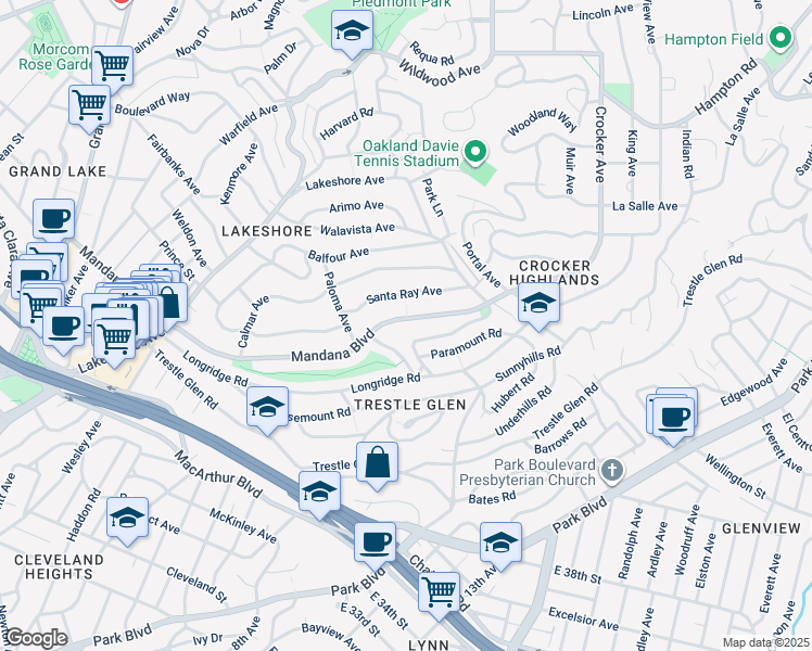 map of restaurants, bars, coffee shops, grocery stores, and more near in Oakland