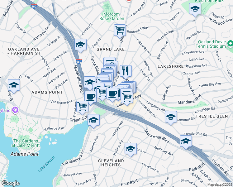 map of restaurants, bars, coffee shops, grocery stores, and more near 724 Warfield Avenue in Oakland
