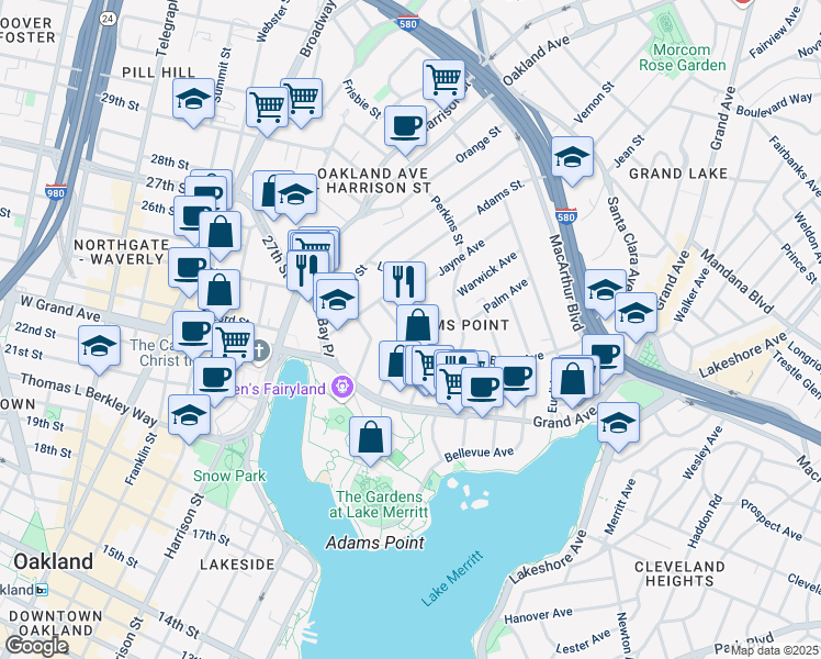 map of restaurants, bars, coffee shops, grocery stores, and more near 280 Lenox Avenue in Oakland