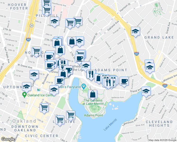 map of restaurants, bars, coffee shops, grocery stores, and more near 168 Montecito Avenue in Oakland