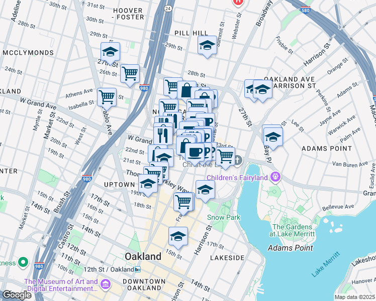 map of restaurants, bars, coffee shops, grocery stores, and more near in Oakland