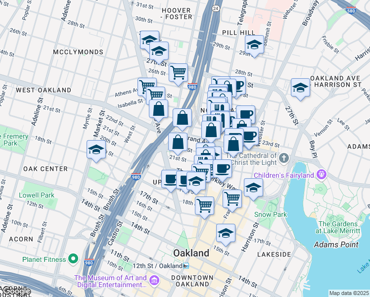 map of restaurants, bars, coffee shops, grocery stores, and more near in Oakland