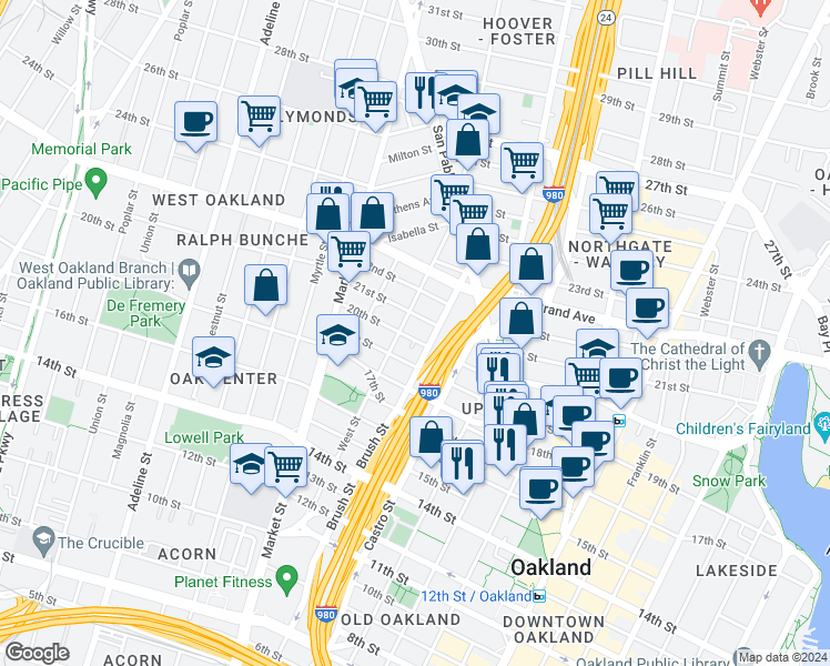 map of restaurants, bars, coffee shops, grocery stores, and more near 2017 West Street in Oakland