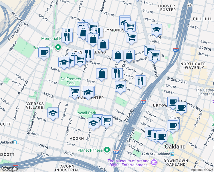 map of restaurants, bars, coffee shops, grocery stores, and more near 1818 Filbert Street in Oakland