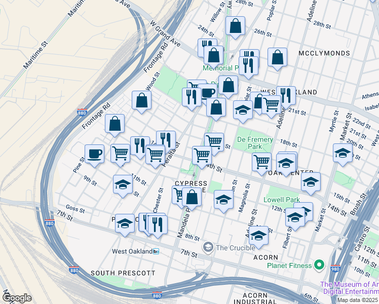 map of restaurants, bars, coffee shops, grocery stores, and more near in Oakland