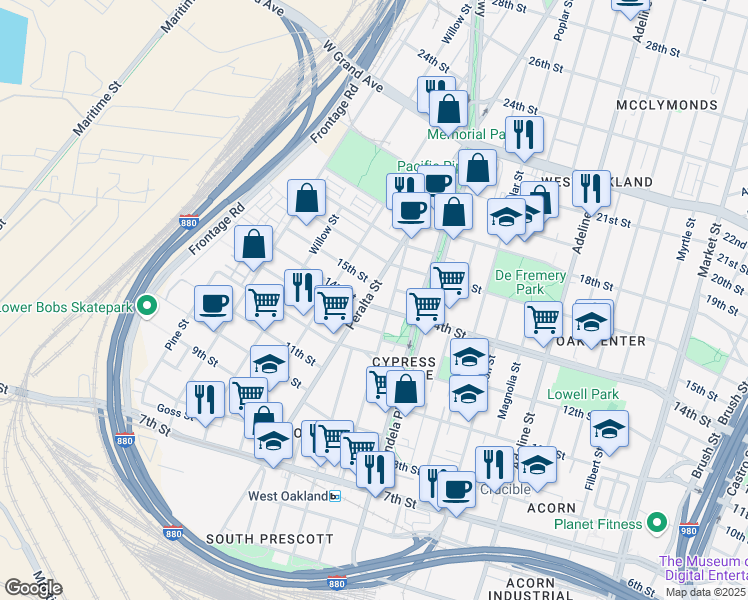map of restaurants, bars, coffee shops, grocery stores, and more near 1503 Peralta Street in Oakland
