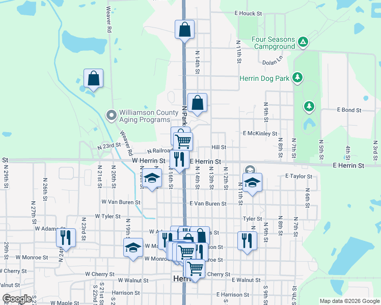 map of restaurants, bars, coffee shops, grocery stores, and more near 1000 North 14th Street in Herrin