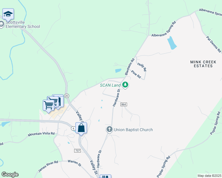 map of restaurants, bars, coffee shops, grocery stores, and more near 488 Hardware Road in Scottsville