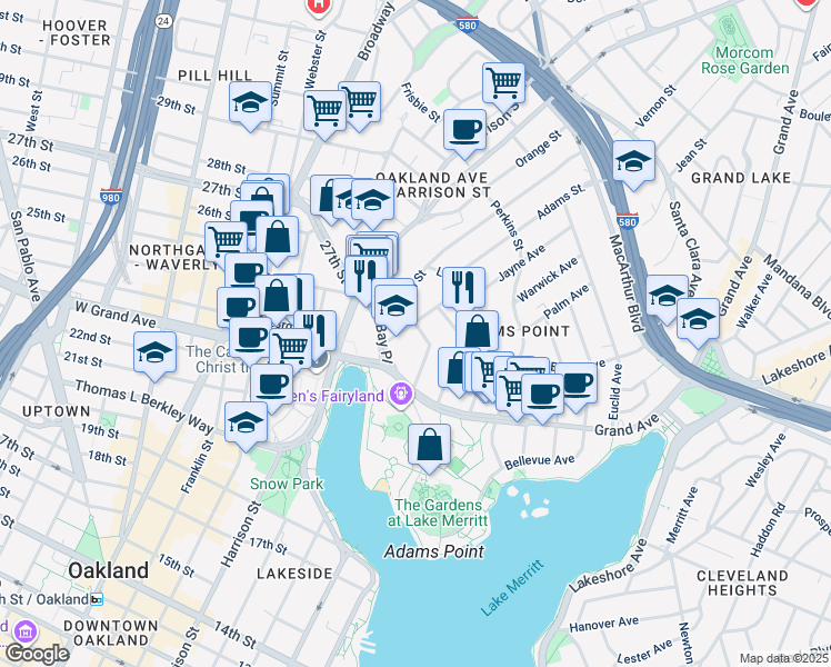 map of restaurants, bars, coffee shops, grocery stores, and more near 168 Montecito Avenue in Oakland