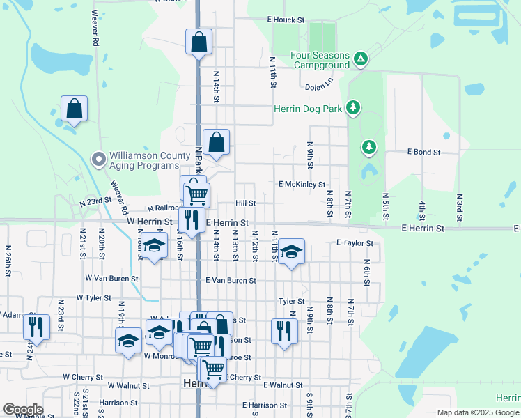map of restaurants, bars, coffee shops, grocery stores, and more near 508 Hill Street in Herrin