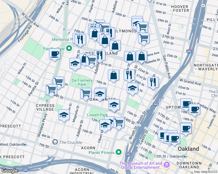 map of restaurants, bars, coffee shops, grocery stores, and more near 1720 Linden Street in Oakland
