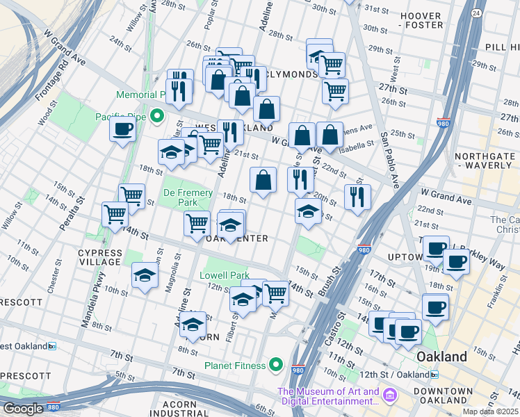map of restaurants, bars, coffee shops, grocery stores, and more near 1805 Linden Street in Oakland