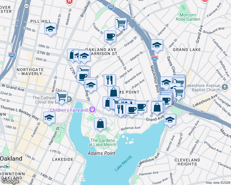 map of restaurants, bars, coffee shops, grocery stores, and more near in Oakland
