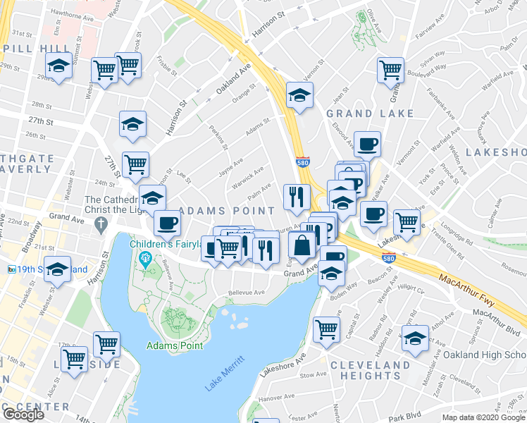 map of restaurants, bars, coffee shops, grocery stores, and more near 374 Bellevue Avenue in Oakland