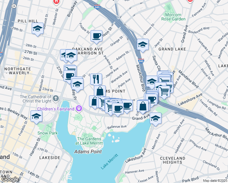 map of restaurants, bars, coffee shops, grocery stores, and more near 339 Palm Avenue in Oakland