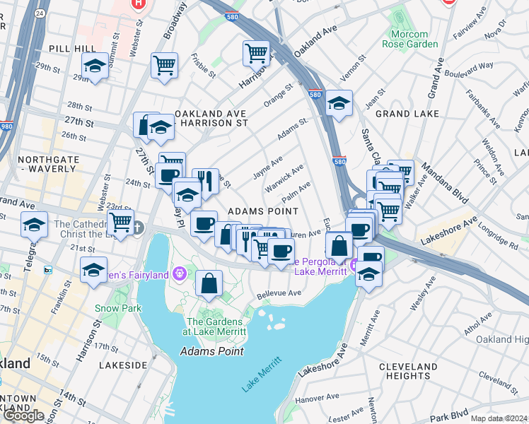 map of restaurants, bars, coffee shops, grocery stores, and more near in Oakland