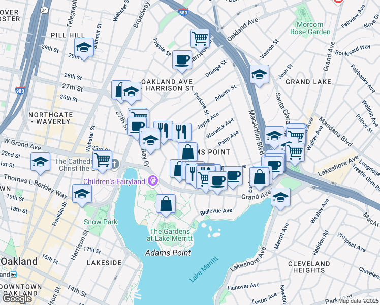 map of restaurants, bars, coffee shops, grocery stores, and more near in Oakland