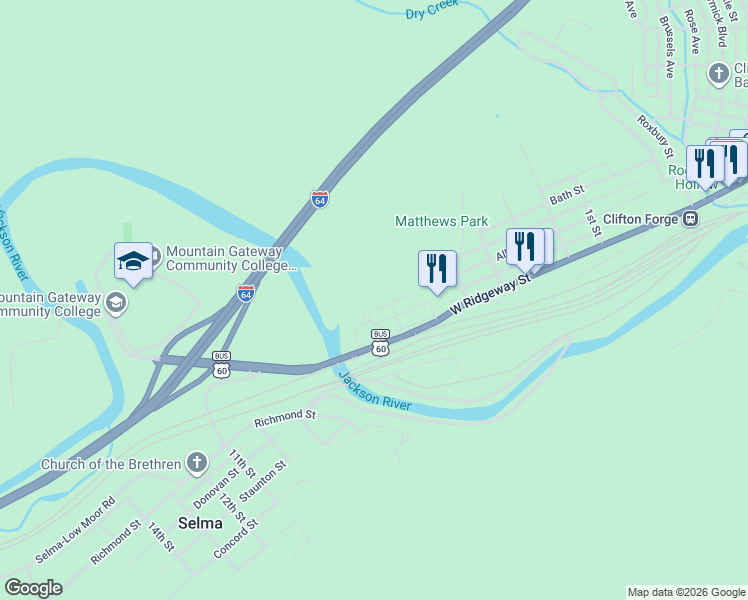 map of restaurants, bars, coffee shops, grocery stores, and more near 708-714 Alleghany St in Clifton Forge
