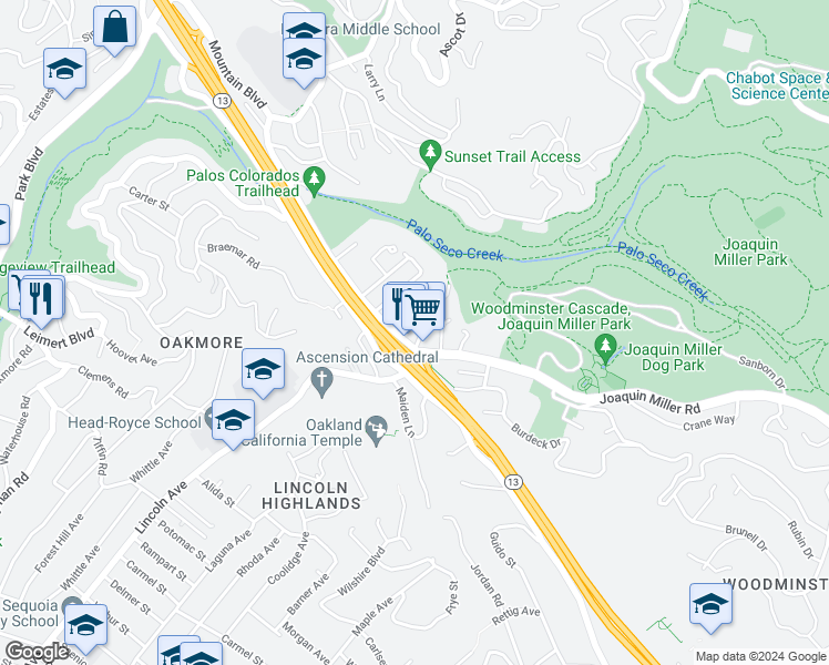 map of restaurants, bars, coffee shops, grocery stores, and more near 5025 Woodminster Lane in Oakland