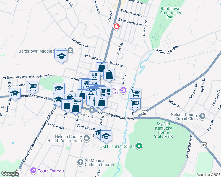 map of restaurants, bars, coffee shops, grocery stores, and more near 301 North 2nd Street in Bardstown