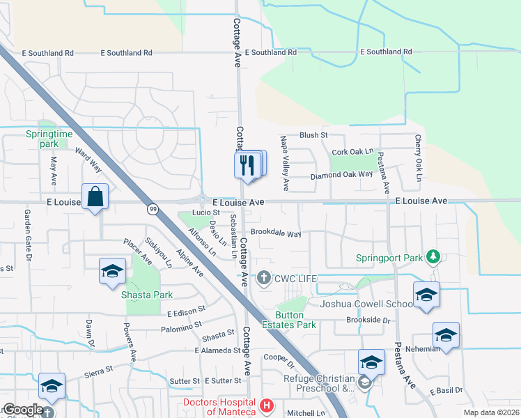 map of restaurants, bars, coffee shops, grocery stores, and more near 1383 East Louise Avenue in Manteca