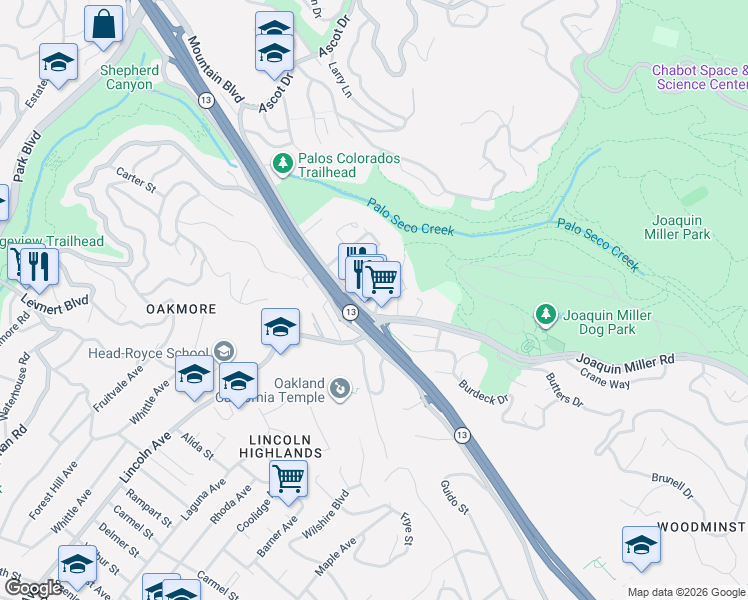map of restaurants, bars, coffee shops, grocery stores, and more near 5050 Woodminster Lane in Oakland