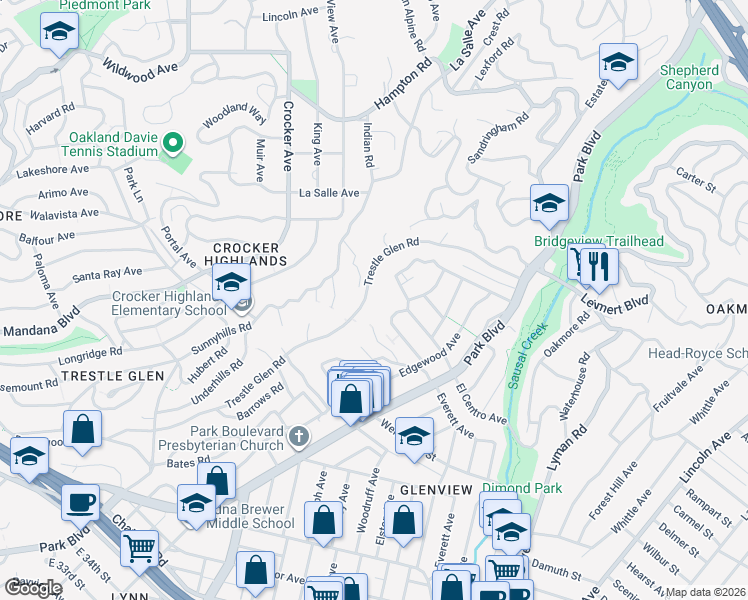 map of restaurants, bars, coffee shops, grocery stores, and more near 1657 Trestle Glen Road in Oakland