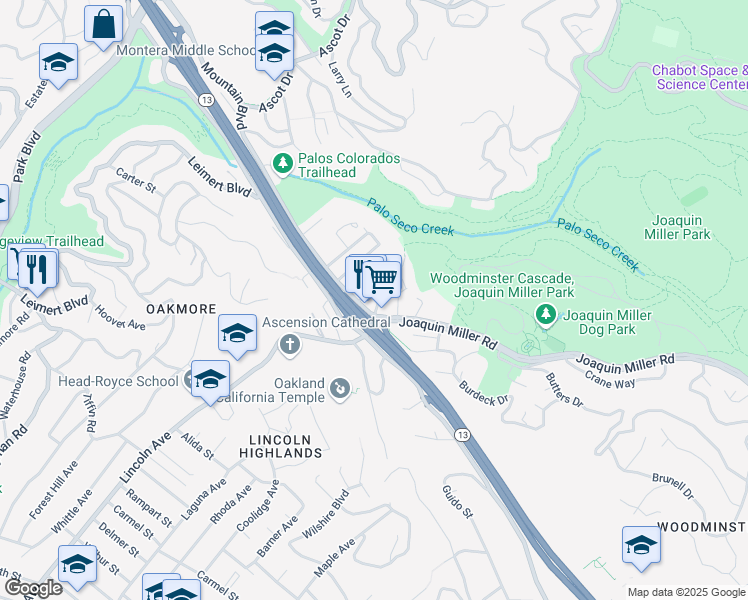 map of restaurants, bars, coffee shops, grocery stores, and more near 5025 Woodminster Lane in Oakland