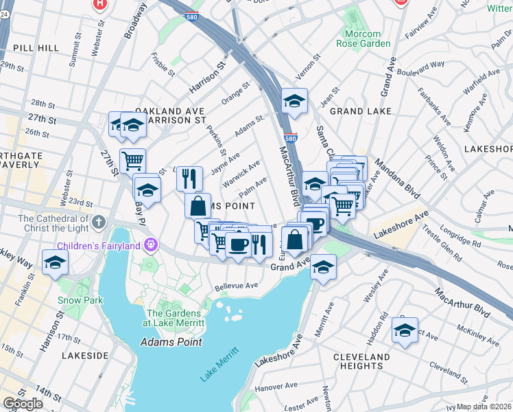 map of restaurants, bars, coffee shops, grocery stores, and more near 374 Bellevue Avenue in Oakland
