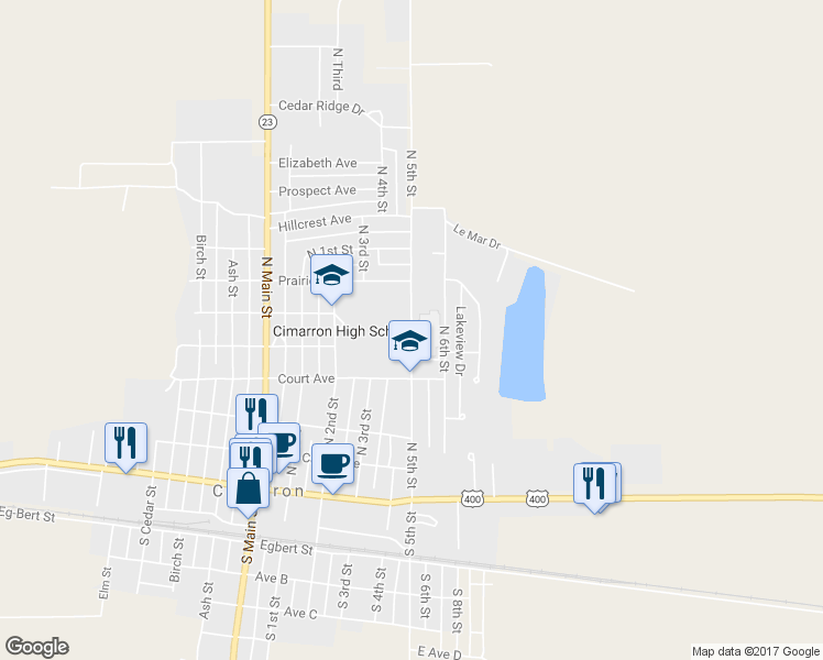map of restaurants, bars, coffee shops, grocery stores, and more near North 5th Street in Cimarron