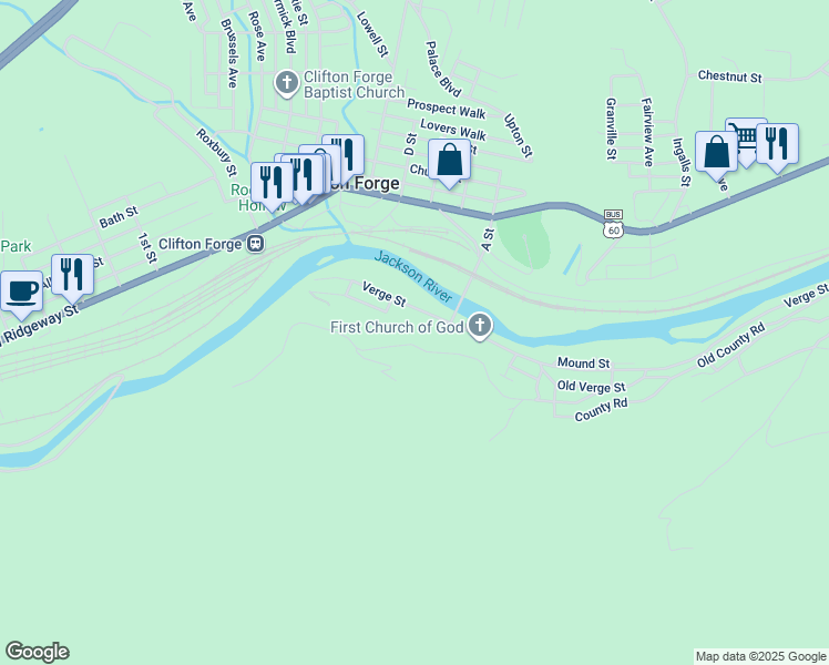 map of restaurants, bars, coffee shops, grocery stores, and more near 535-599 Verge Street in Clifton Forge