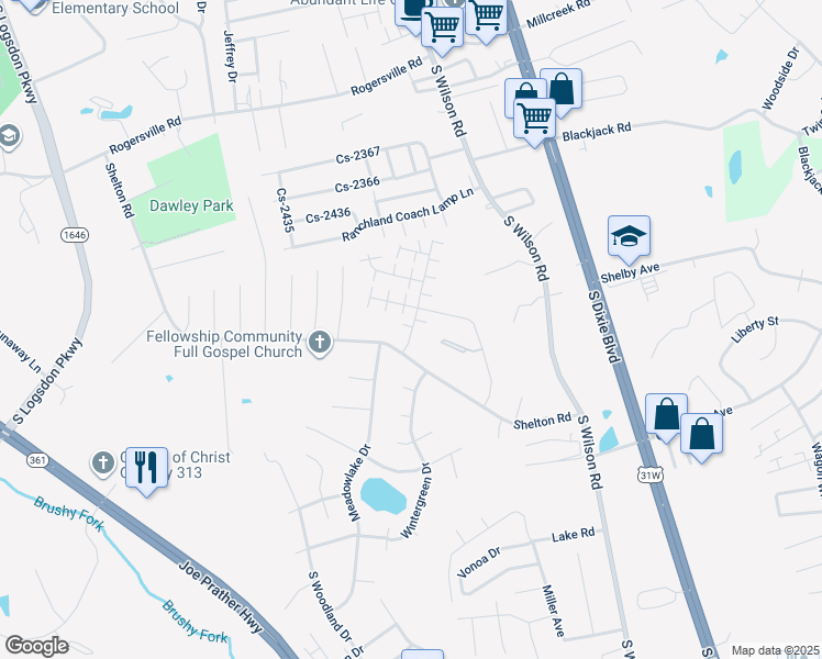 map of restaurants, bars, coffee shops, grocery stores, and more near 102 Hurstfield Lane in Radcliff